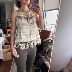 Mexican Bohemian Fringe Embroidered Woven Halter Cropped Blouse Beige Multicolor